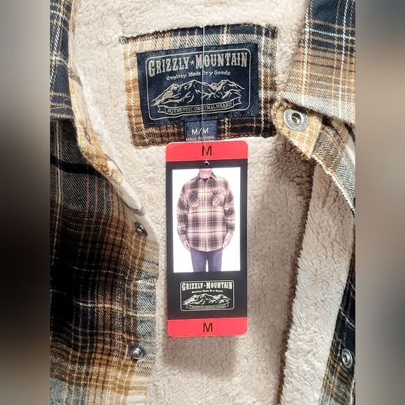 Grizzly Mountain Men's M Sherpa Lined Flannel Shirt Jacket Shacket Brown Plaid - Picture 15 of 16